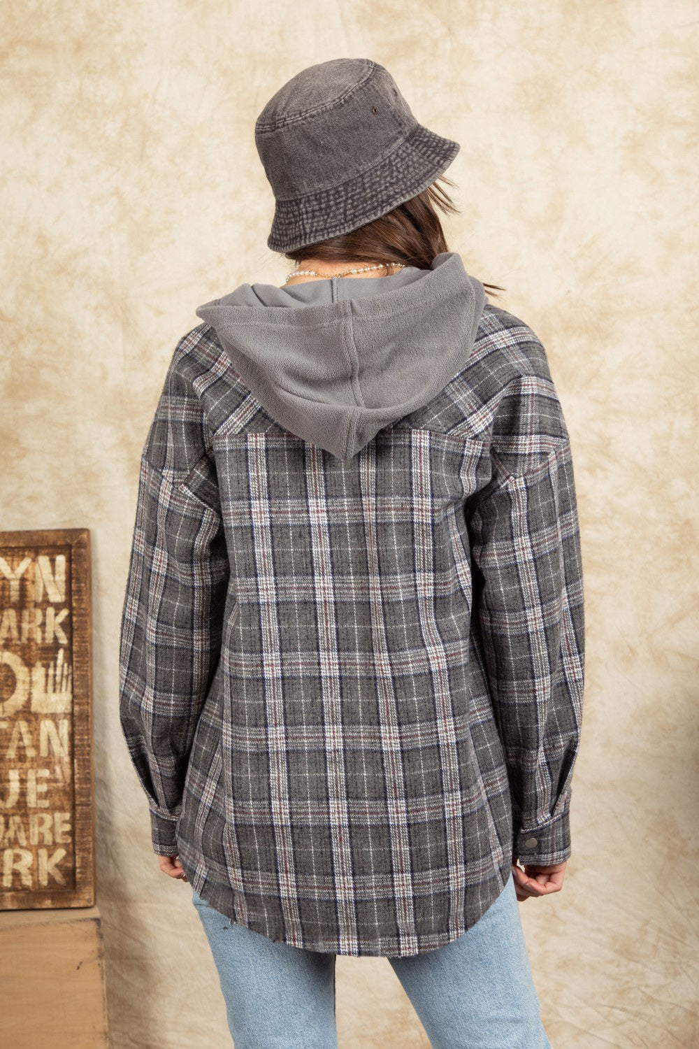 Drawstring Plaid Long Sleeve Hooded Jacket-Angel Casuals