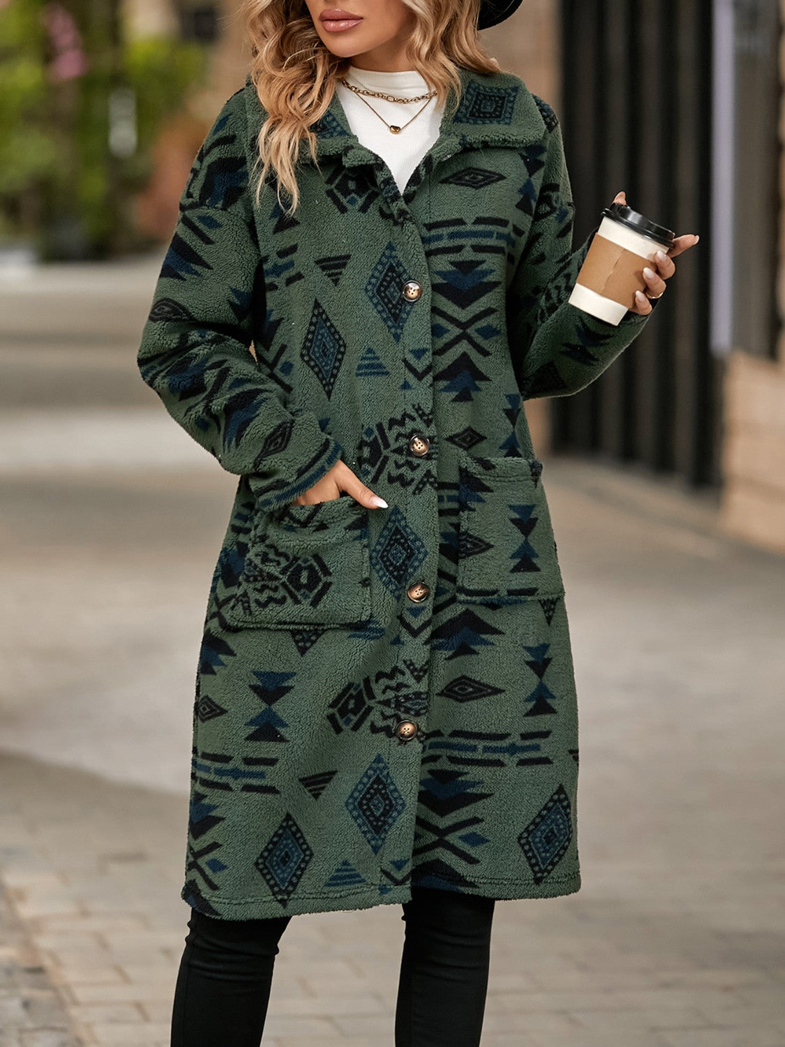 Geometric Pocketed Dropped Shoulder Coat-Angel Casuals