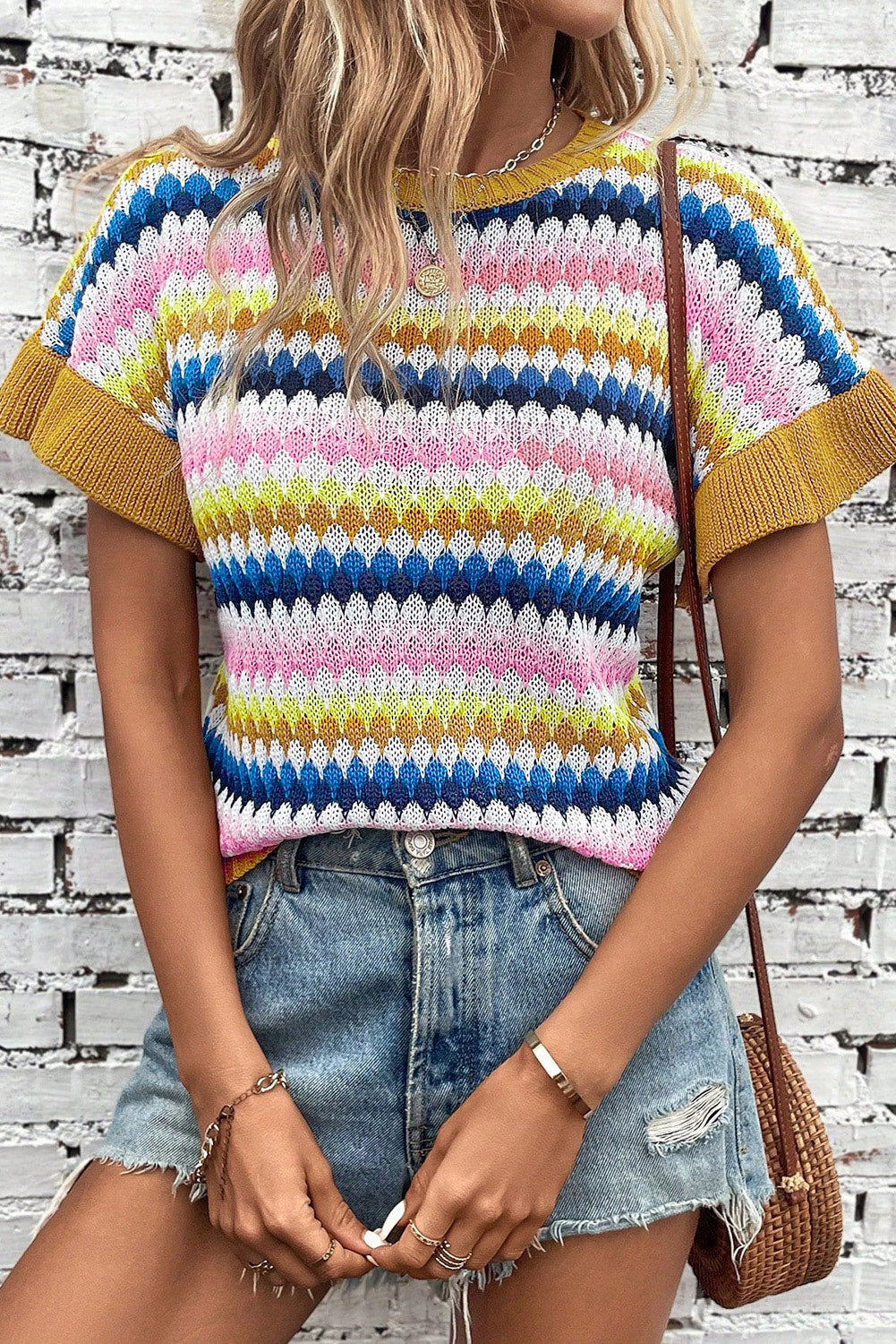 Striped Round Neck Short Sleeve Sweater-Angel Casuals