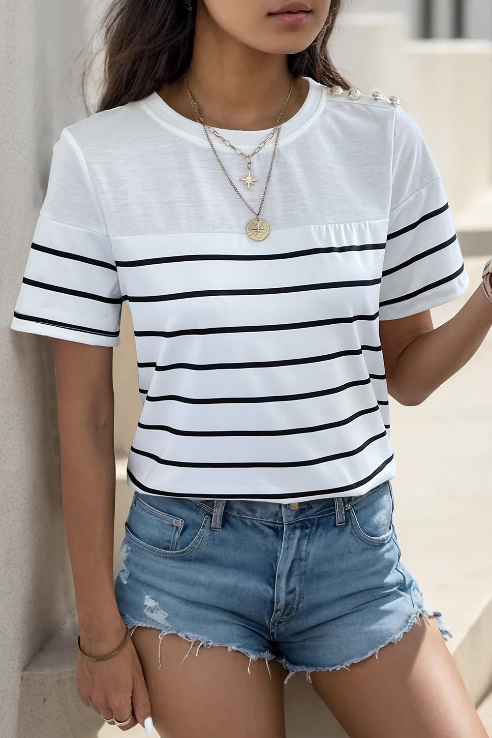 Decorative Button Striped Short Sleeve T-Shirt-Angel Casuals