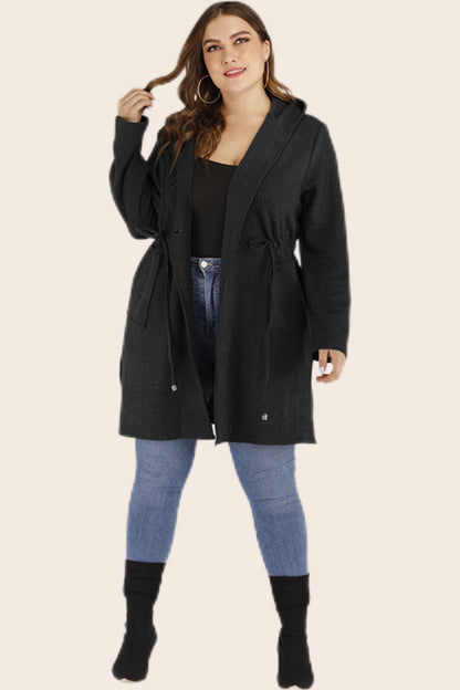 Plus Size Drawstring Waist Hooded Cardigan with Pockets-Angel Casuals