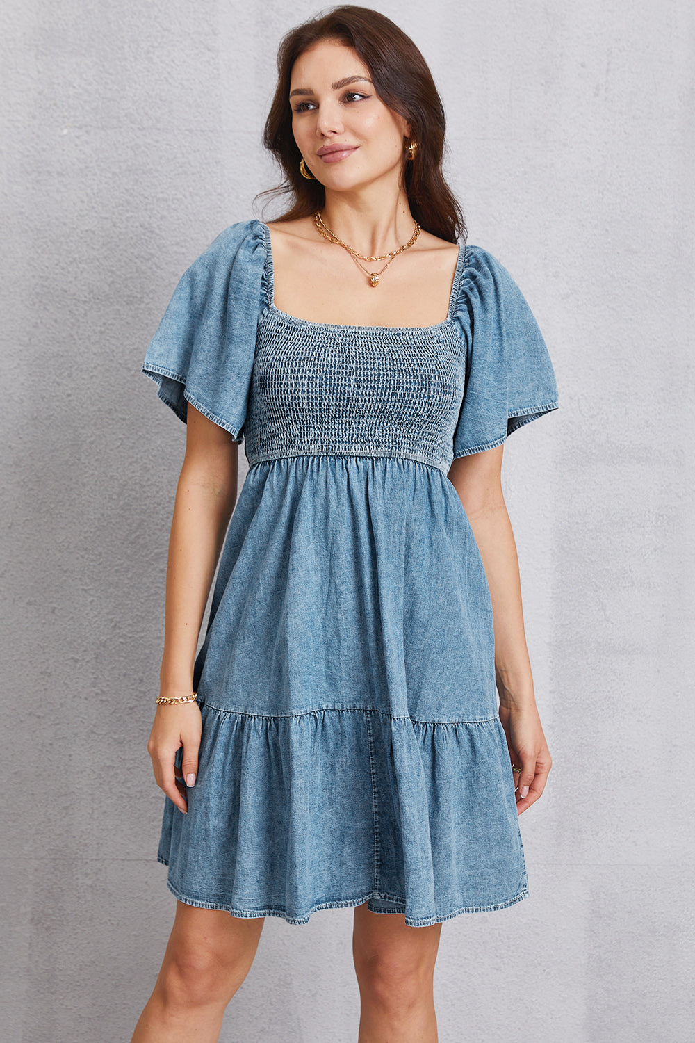 Smocked Square Neck Mini Denim Dress-Angel Casuals