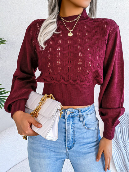 Openwork Mock Neck Long Sleeve Cropped Sweater-Angel Casuals