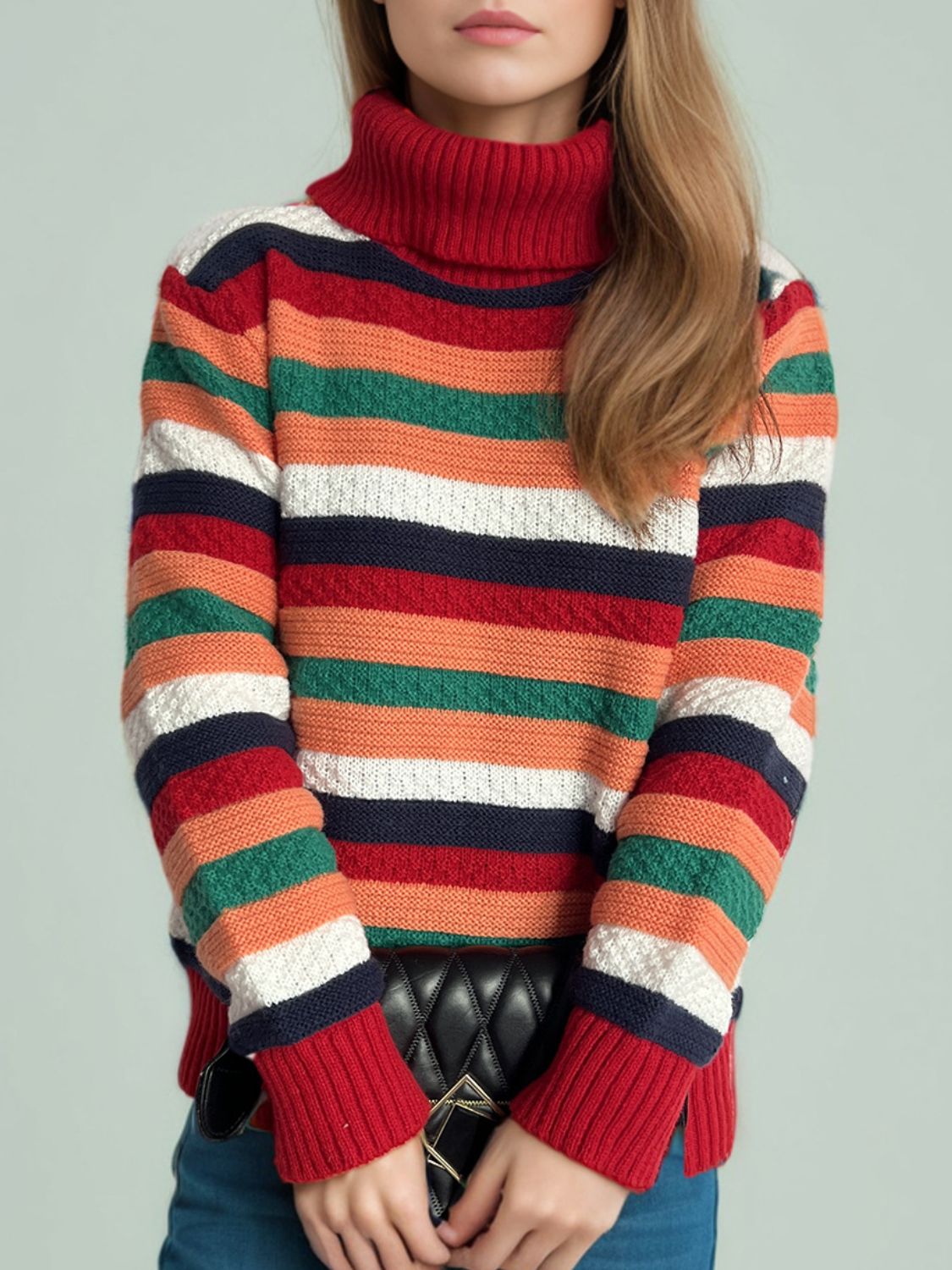 Contrast Stripes Turtleneck Long Sleeve Sweater-Angel Casuals