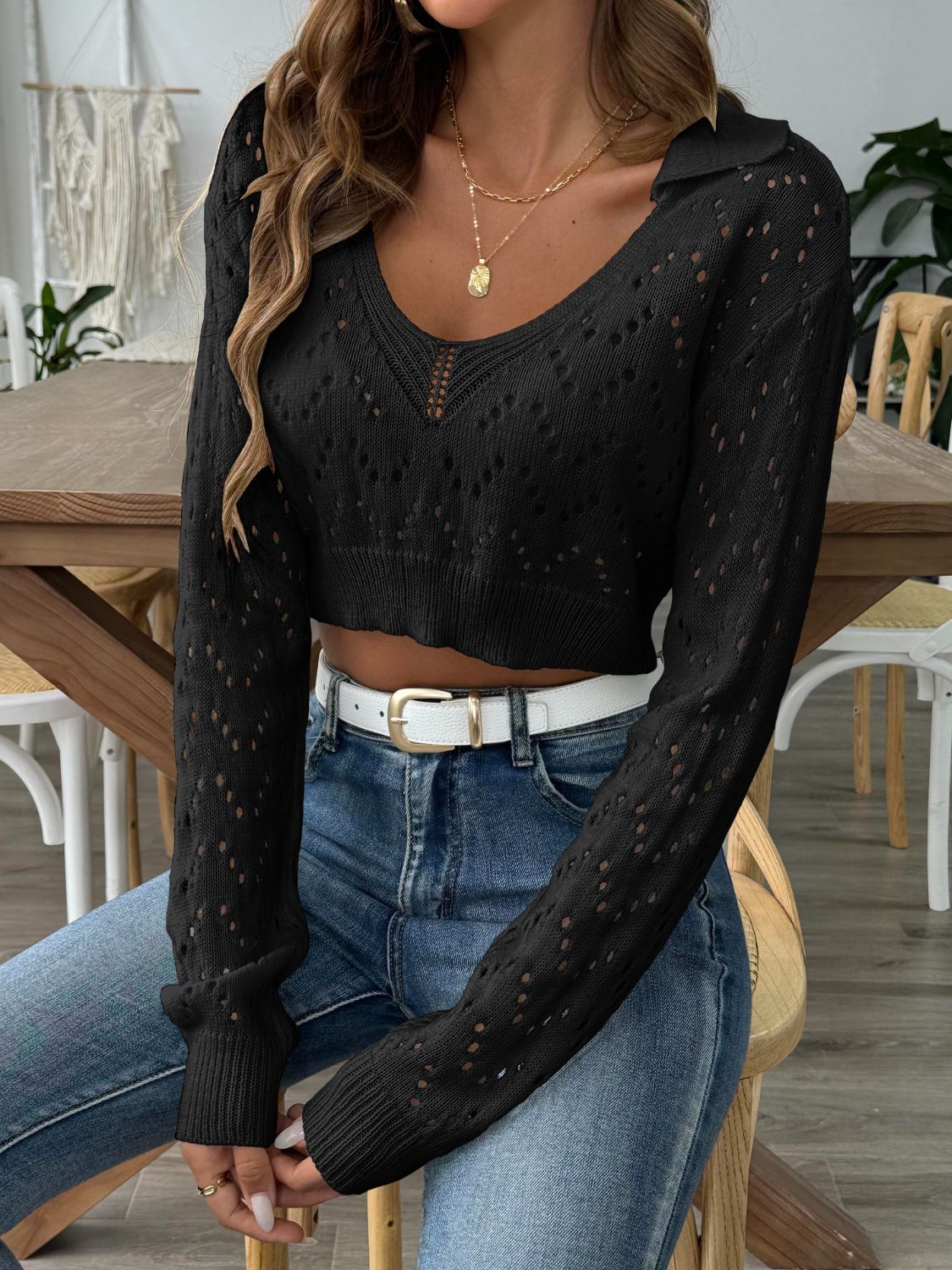 Openwork Collared Neck Long Sleeve Knit Top-Angel Casuals