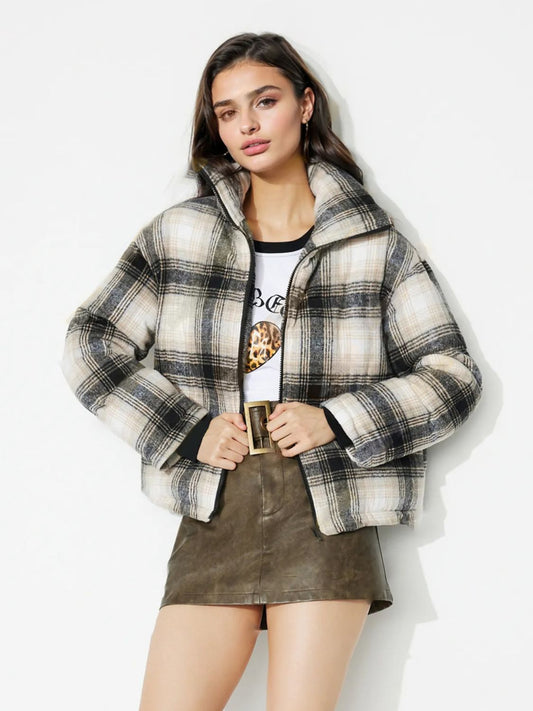 Plaid Zip Up Long Sleeve Jacket-Angel Casuals