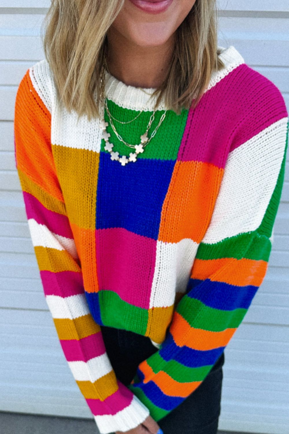 Color Block Round Neck Long Sleeve Sweater-Angel Casuals