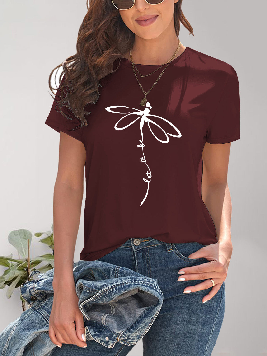 Dragonfly Graphic Round Neck Short Sleeve T-Shirt-Angel Casuals