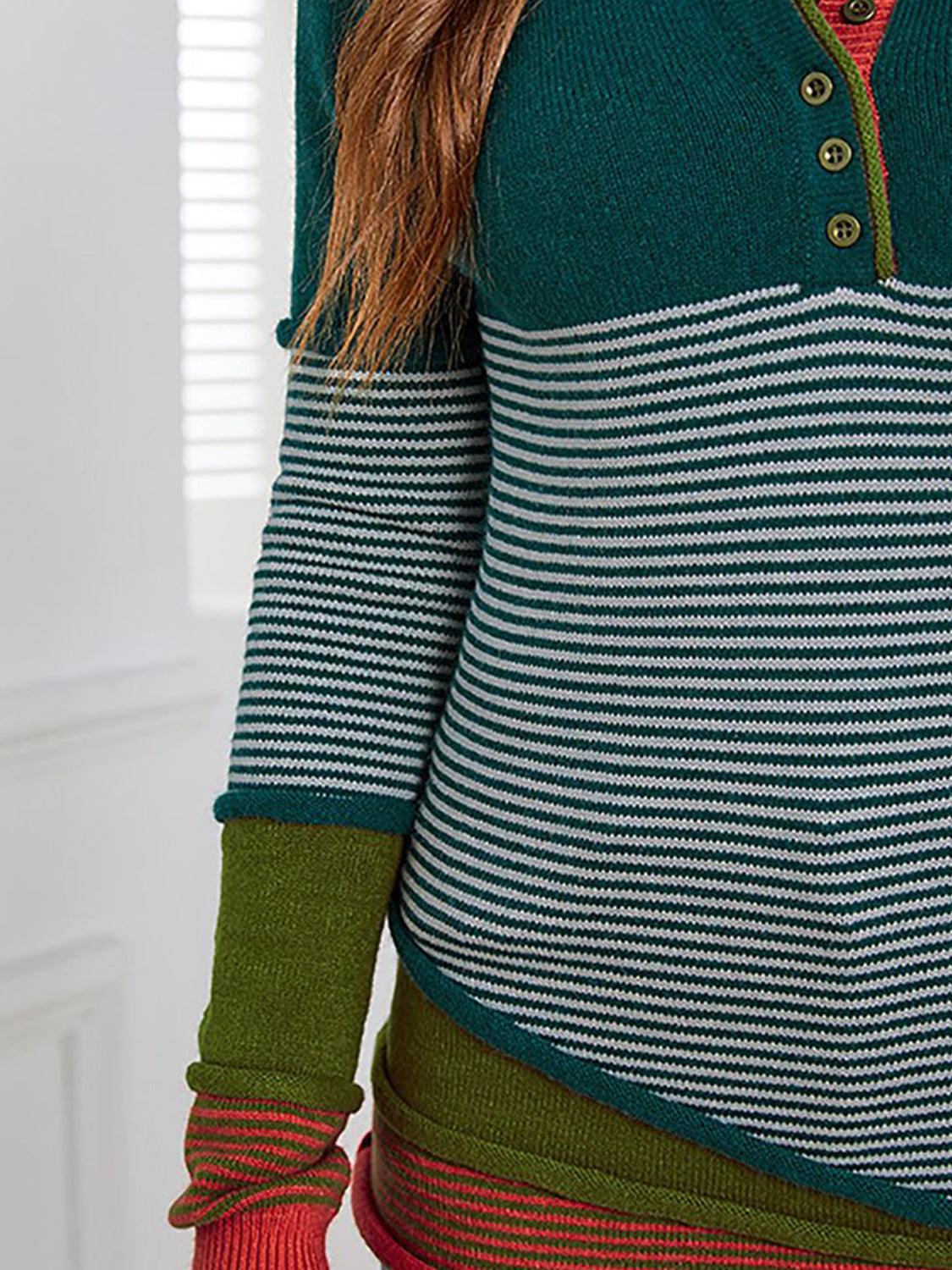 Striped Contrast Notched Long Sleeve Sweater-Angel Casuals