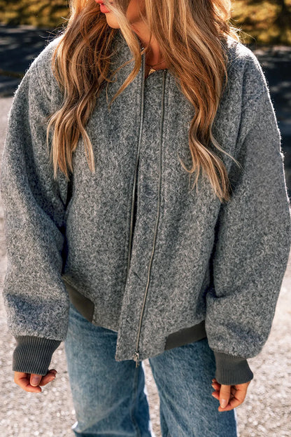 Pocketed Zip Up Baseball Collar Jacket-Angel Casuals