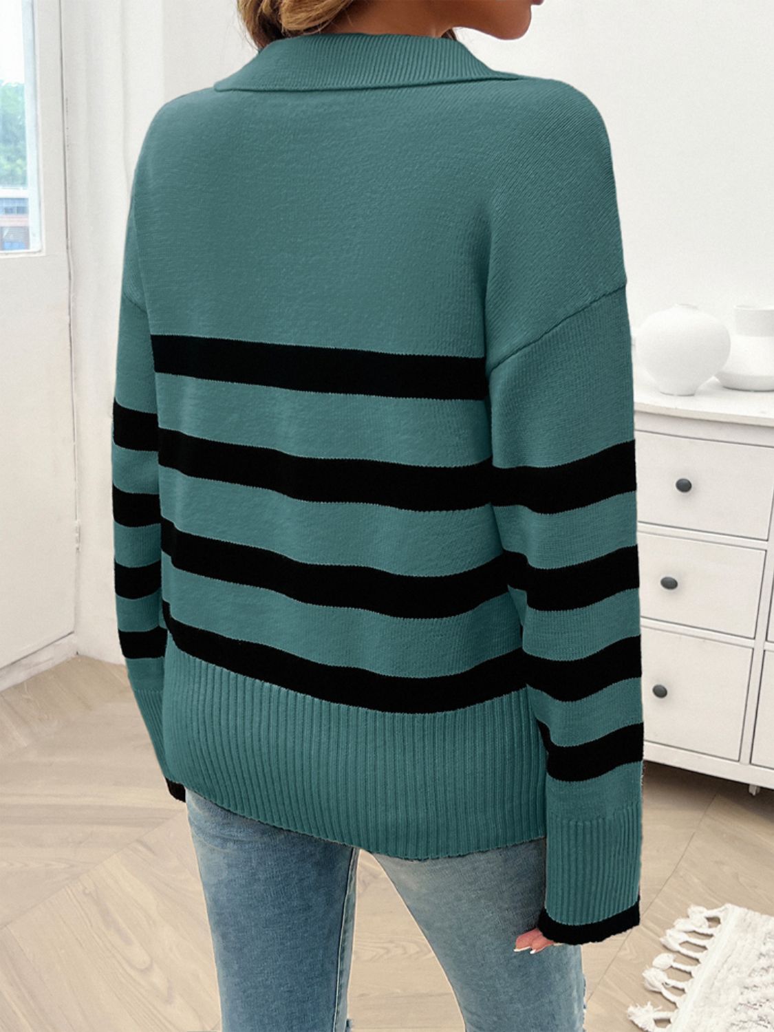 Devine Striped Collared Neck Long Sleeve Sweater-Angel Casuals