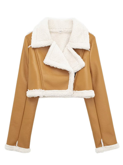 Collared Neck Long Sleeve Plush Cropped Jacket-Angel Casuals