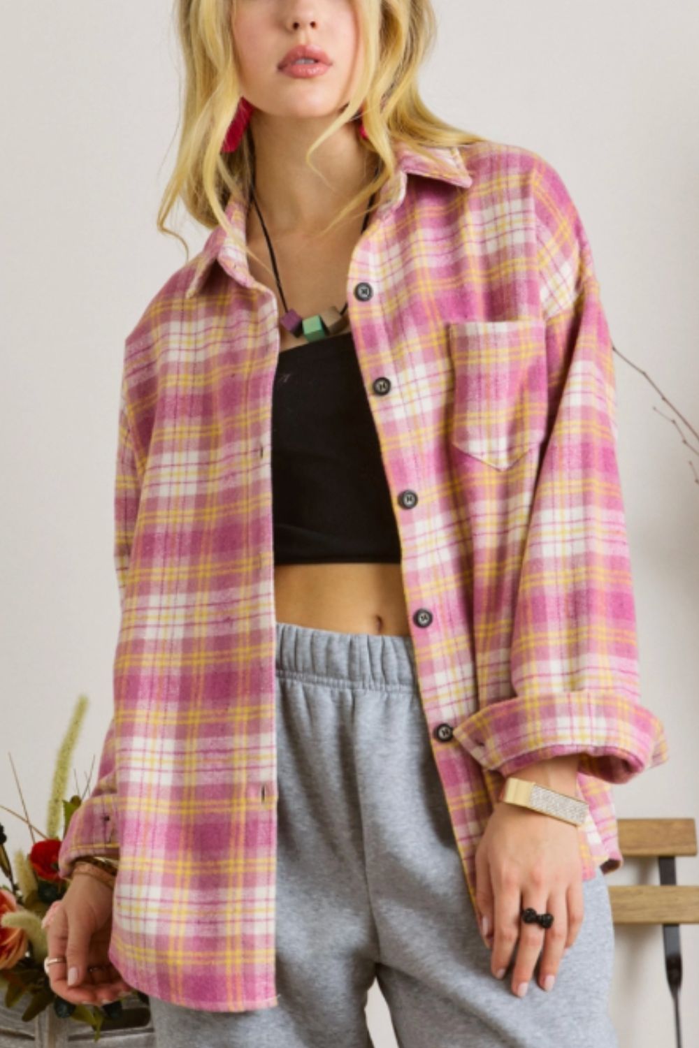 Plaid Collared Neck Button Up Shacket-Angel Casuals