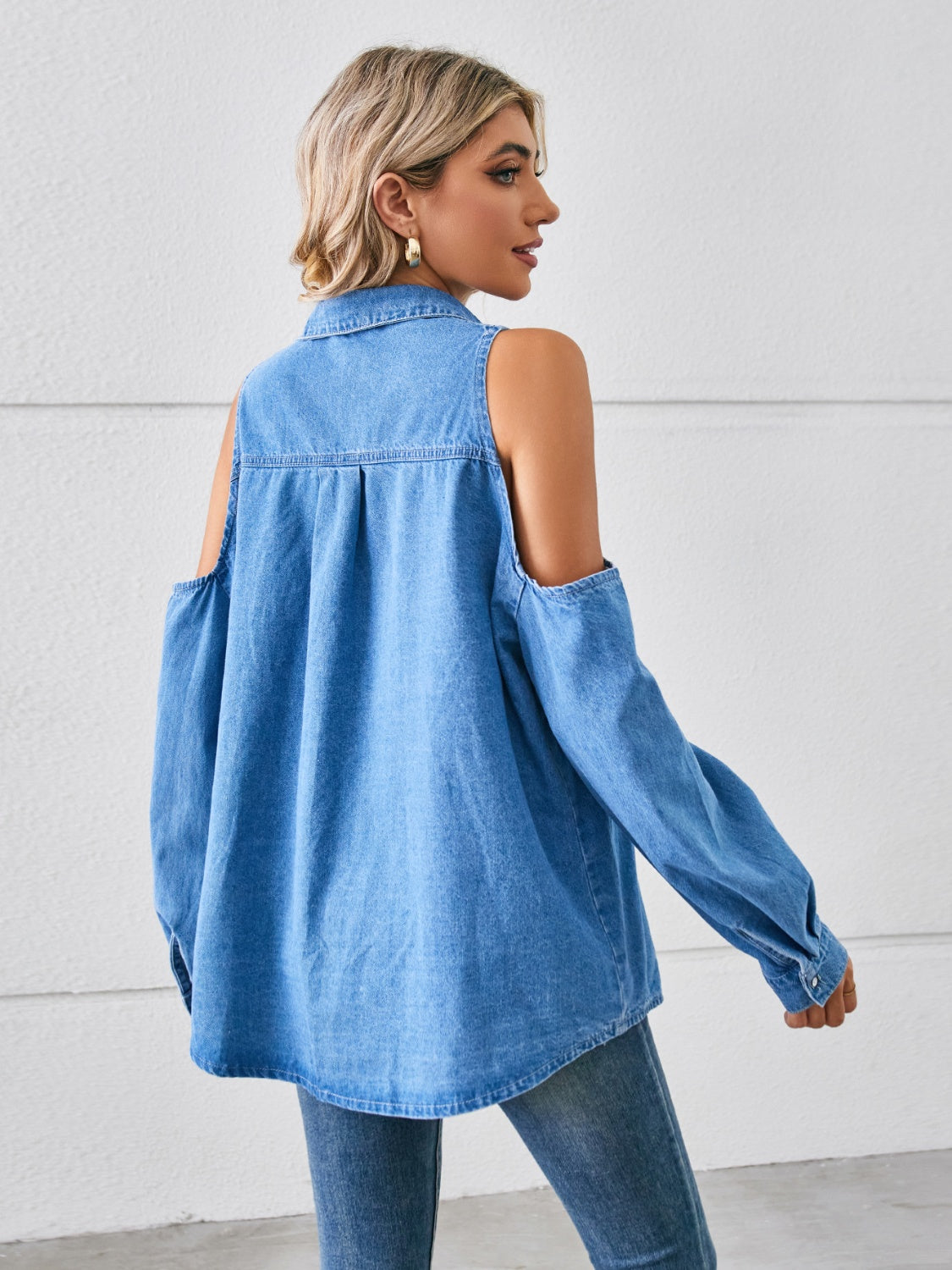 Cold Shoulder Pocketed Button Up Denim Jacket-Angel Casuals