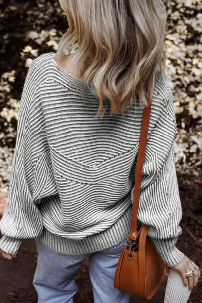 Textured Striped Round Neck Long Sleeve Top-Angel Casuals