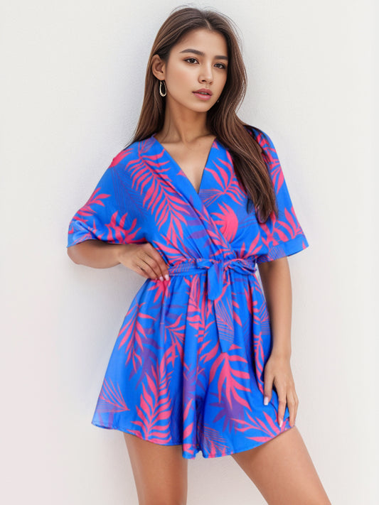 Printed Surplice Half Sleeve Romper-Angel Casuals