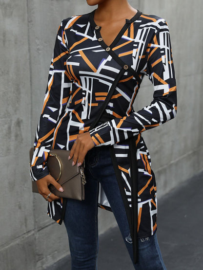 Perfee Geometric Surplice Long Sleeve T-Shirt-Angel Casuals
