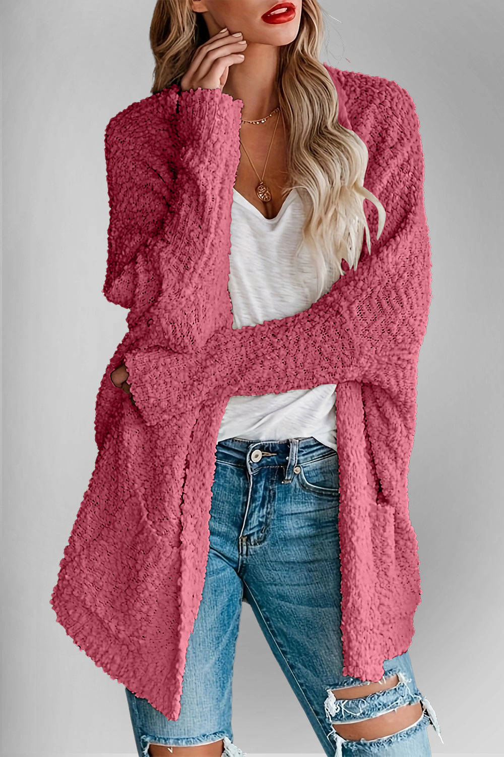 Double Take Pocketed Open Front Long Sleeve Cardigan-Angel Casuals