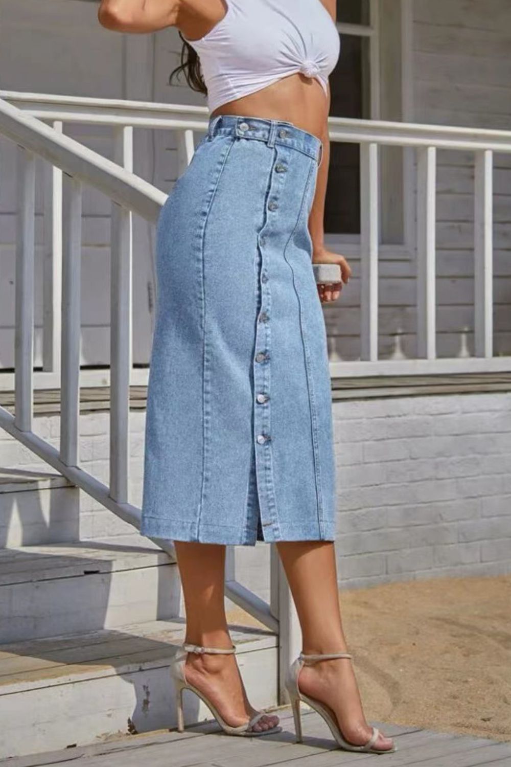 Buttoned Split Denim Skirt-Angel Casuals