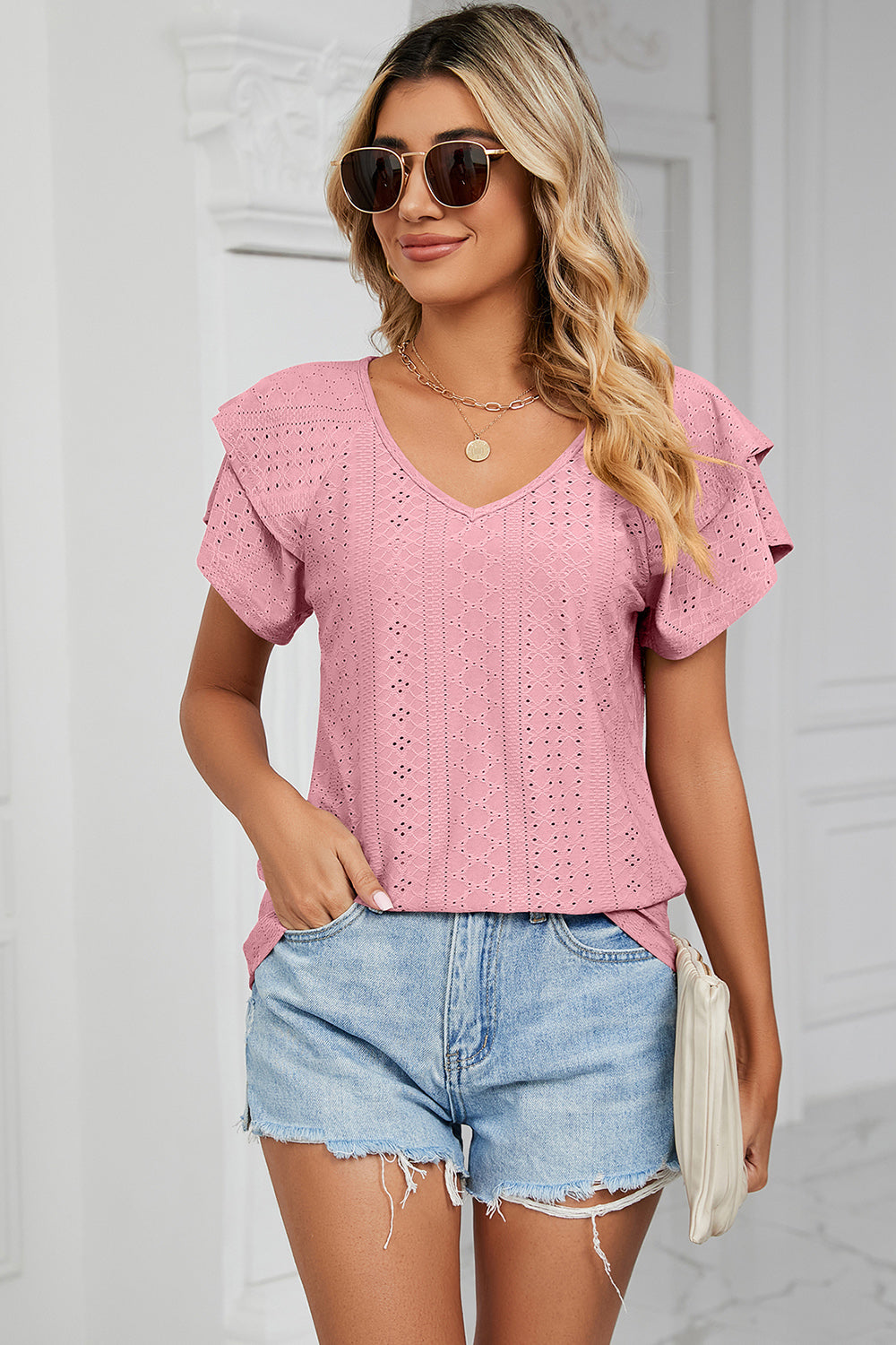Eyelet V-Neck Short Sleeve T-Shirt-Angel Casuals