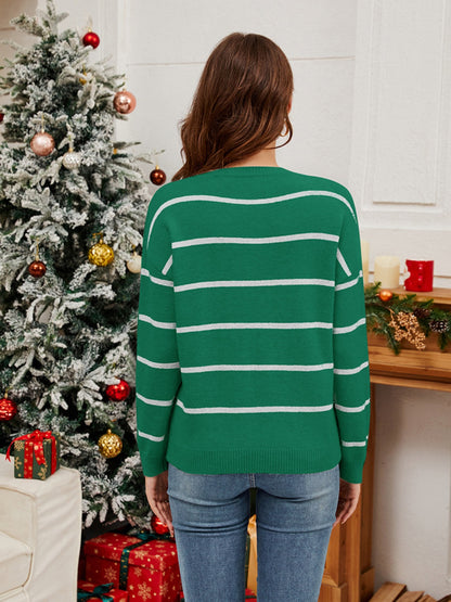 Sequin Santa Striped Round Neck Long Sleeve Sweater-Angel Casuals