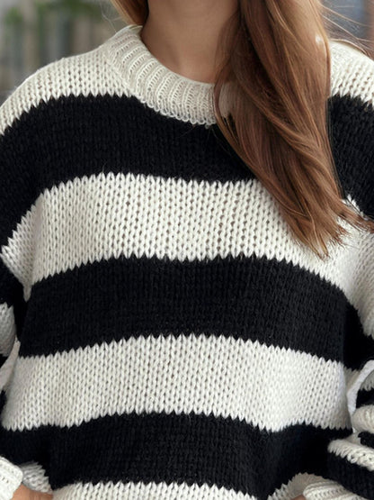 Contrast Striped Round Neck Long Sleeve Sweater-Angel Casuals