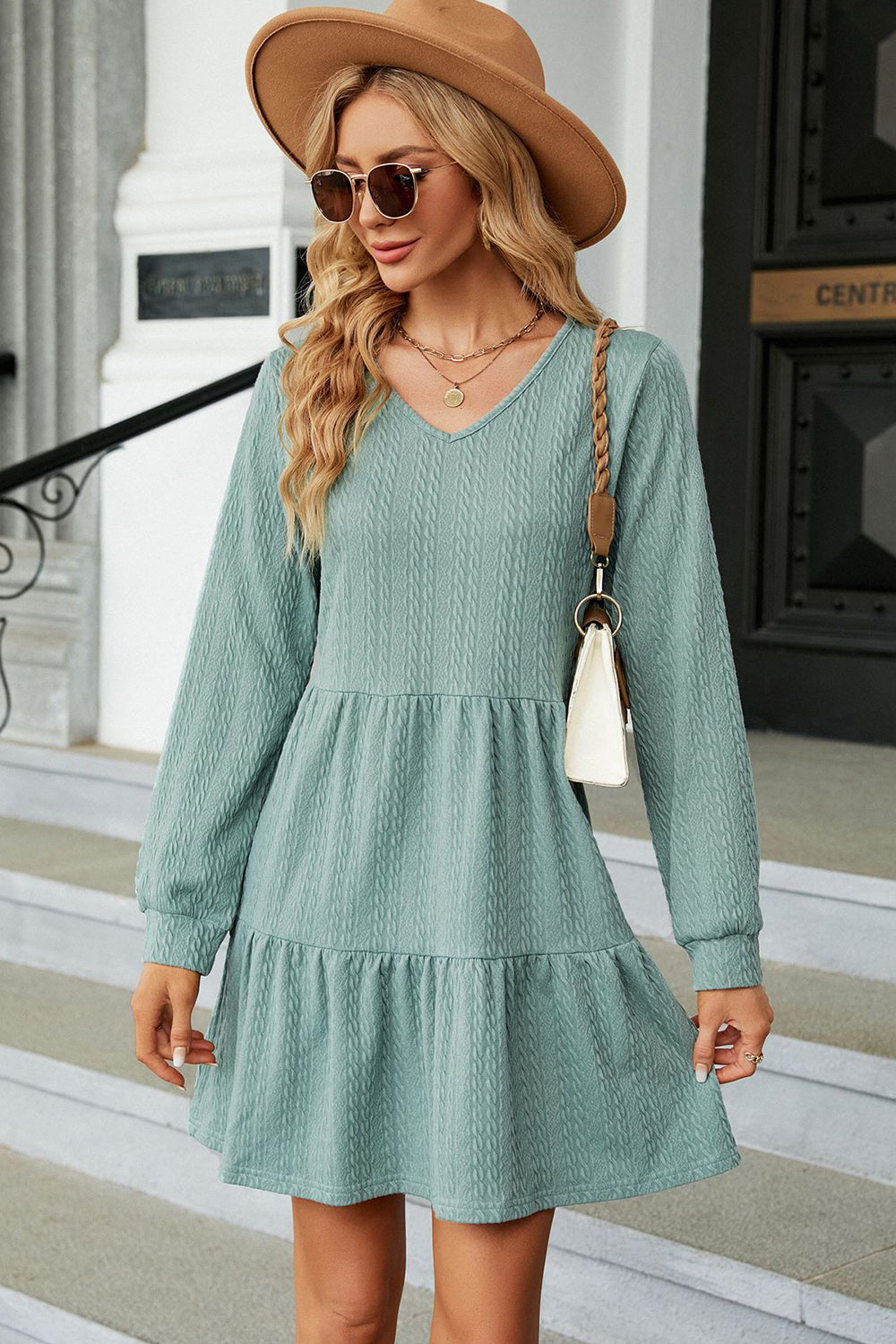 V-Neck Long Sleeve Mini Dress-Angel Casuals