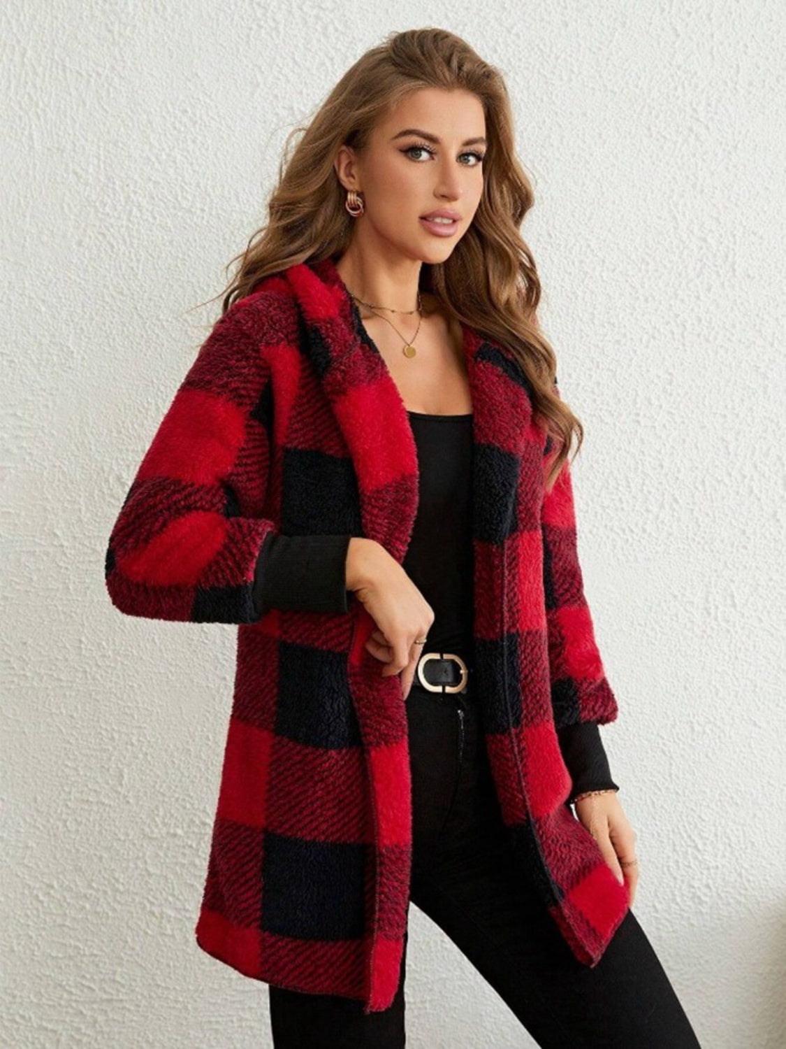 Plaid Long Sleeve Hooded Coat-Angel Casuals