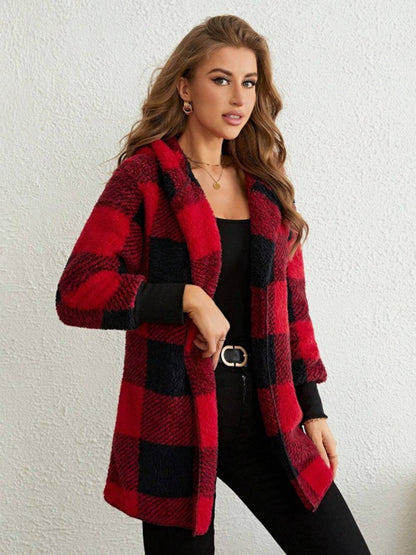 Plaid Long Sleeve Hooded Coat-Angel Casuals