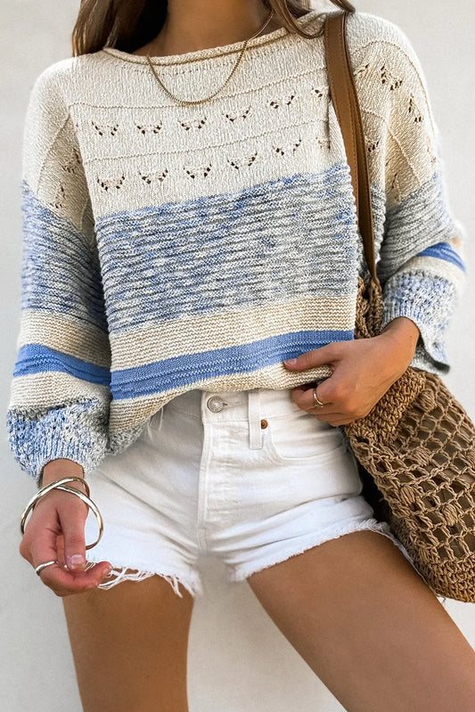 Color Block Boat Neck Long Sleeve Sweater-Angel Casuals