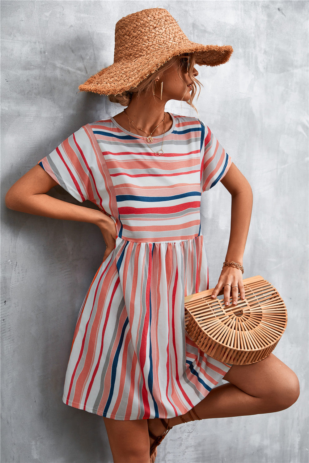 Striped Round Neck Dress-Angel Casuals