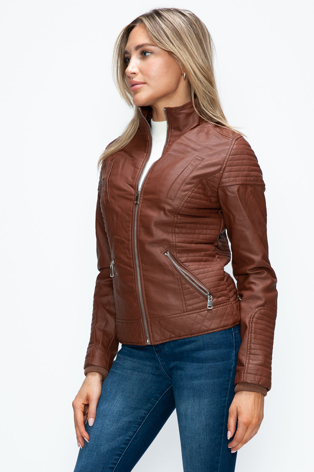 YMI Faux Layered Double-Zipper Jacket with Fuzzy Hood-Angel Casuals