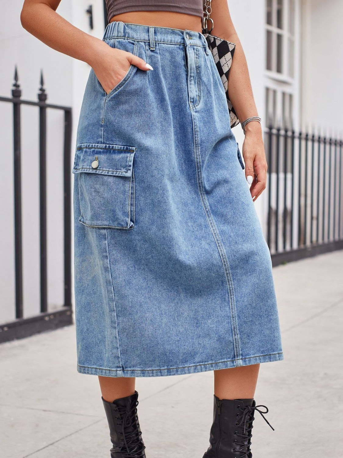 Slit Buttoned Denim Skirt with Pockets-Angel Casuals