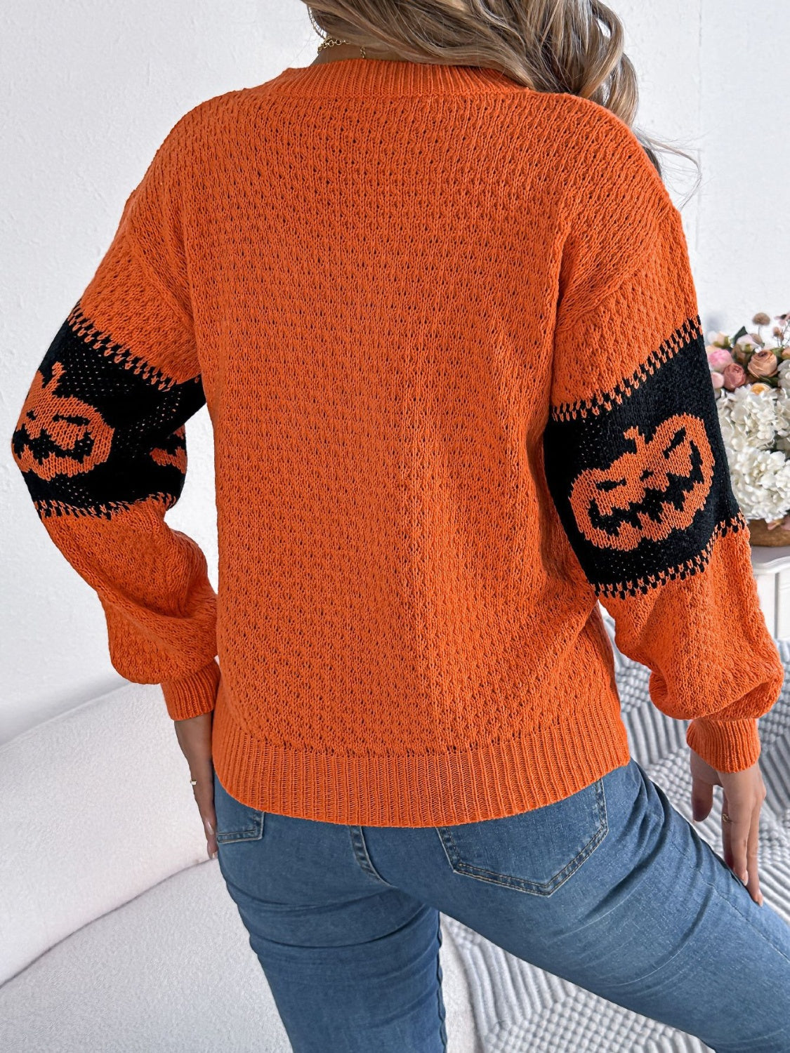 Pumpkin Round Neck Long Sleeve Sweater-Angel Casuals