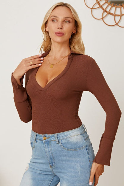 V-Neck Long Sleeve Bodysuit-Angel Casuals