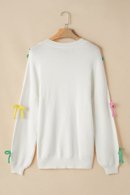 Contrast Bow Round Neck Dropped Shoulder Sweater-Angel Casuals