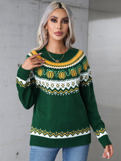 Angel Wings Geometric Round Neck Long Sleeve Sweater-Angel Casuals