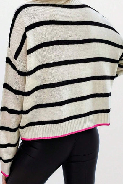 Striped Round Neck Drop Shoulder Sweater-Angel Casuals