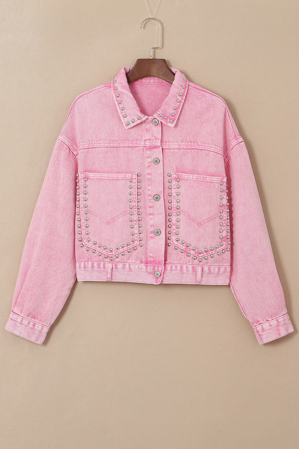 Studded Collared Neck Denim Jacket with Pockets-Angel Casuals