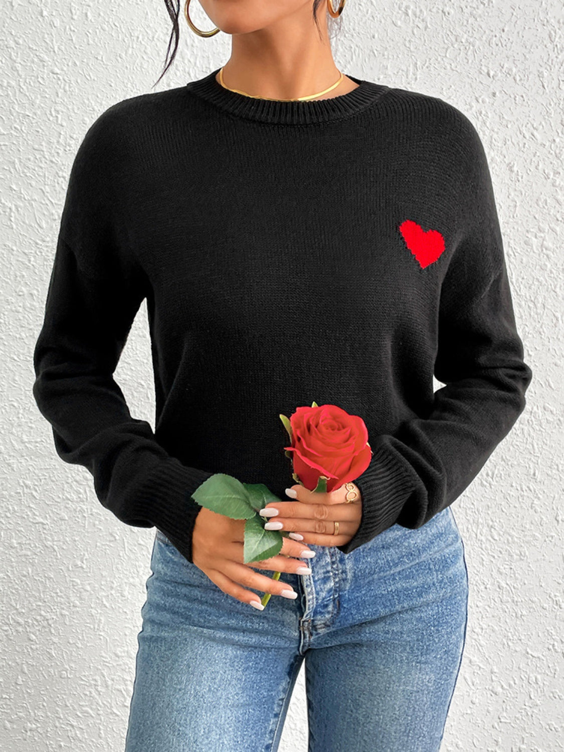 Heart Round Neck Long Sleeve Sweater-Angel Casuals