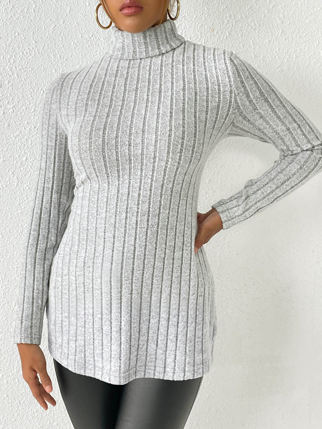 Ribbed Turtleneck Long Sleeve Slit T-Shirt-Angel Casuals