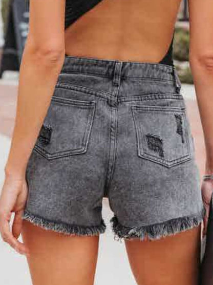 Distressed Fringe Denim Shorts with Pockets-Angel Casuals