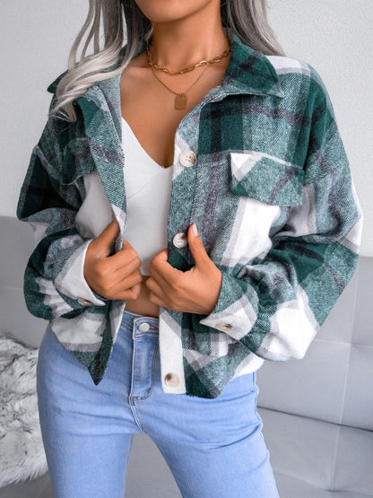 Plaid Collared Neck Long Sleeve Jacket-Angel Casuals