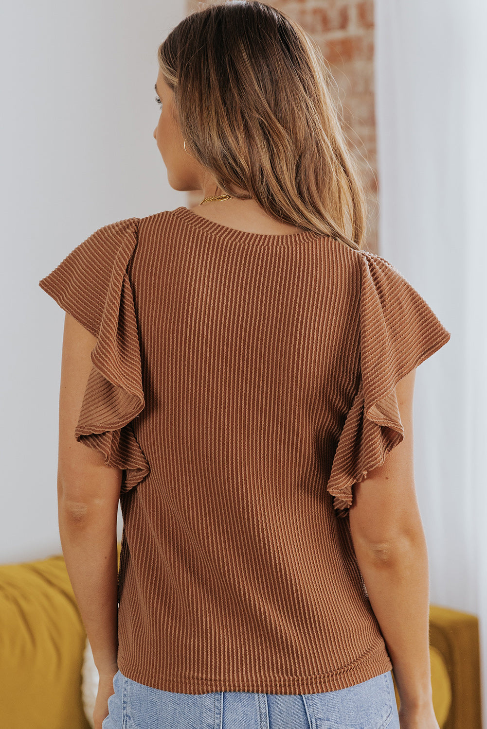 Ribbed Ruffle Trim Round Neck Top-Angel Casuals