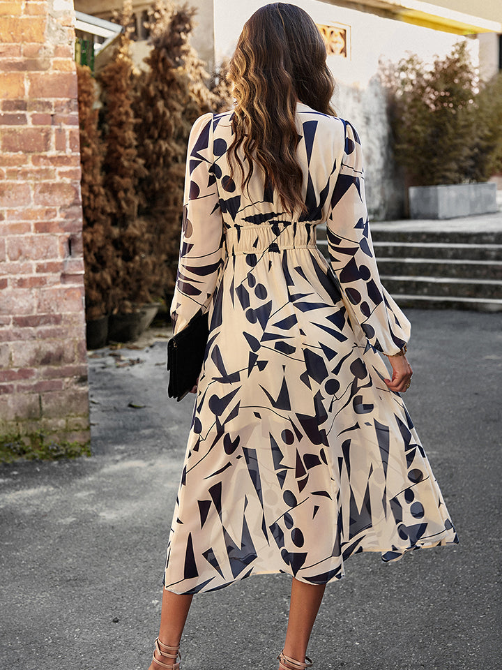 Printed V-Neck Long Sleeve Midi Dress-Angel Casuals