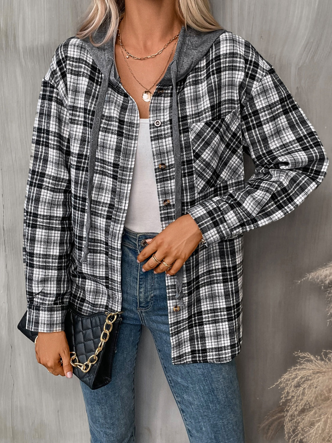 Plaid Long Sleeve Hooded Jacket-Angel Casuals