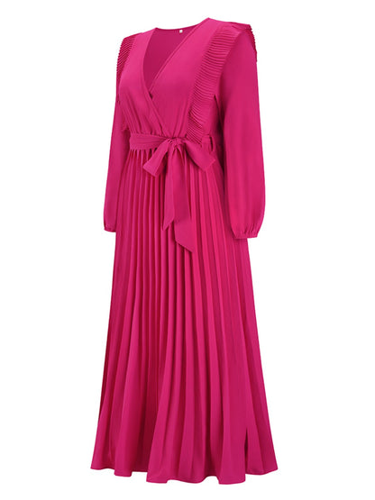 Pleated Surplice Tie Waist Maxi Dress-Angel Casuals