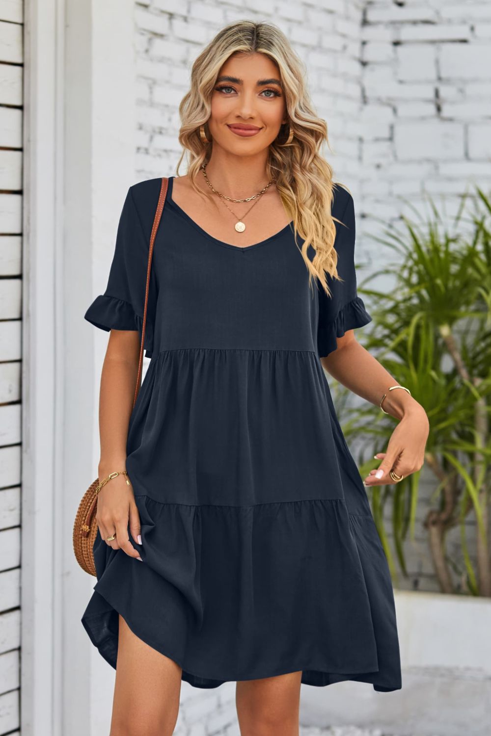 V-Neck Flounce Sleeve Tiered Dress-Angel Casuals