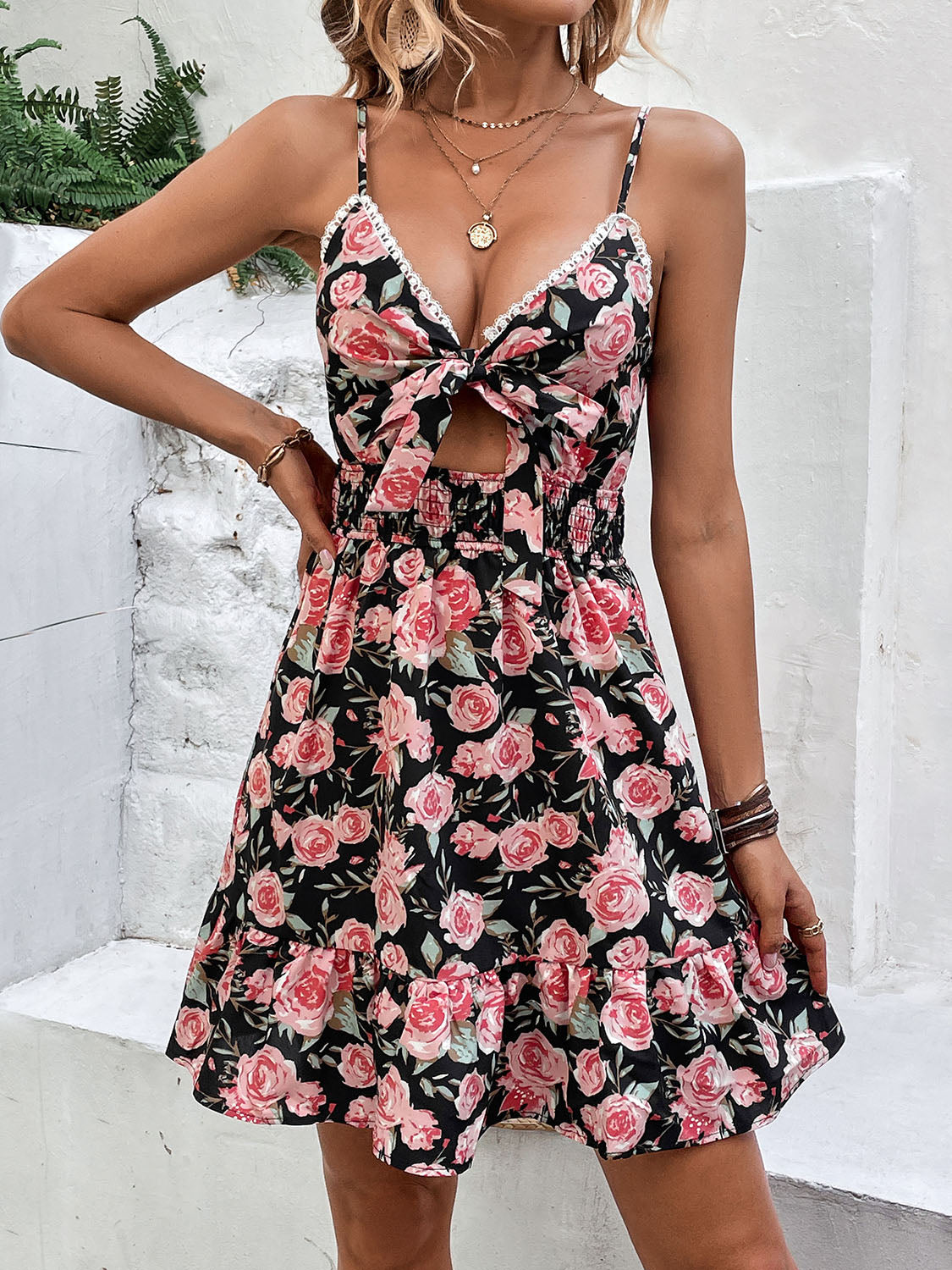 Tied Rose Print Spaghetti Strap Dress-Angel Casuals