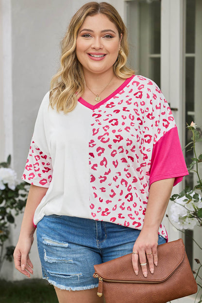 Plus Size Leopard V-Neck T-Shirt-Angel Casuals